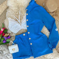 CONJUNTO ALFAIATARIA LINHO BOTÕES BLAZER SHORTS